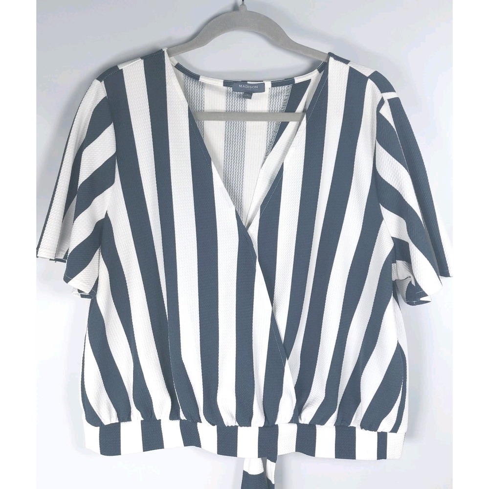 Madison Womens XL Navy White Striped Crop Top Open Back Waist Tie‎